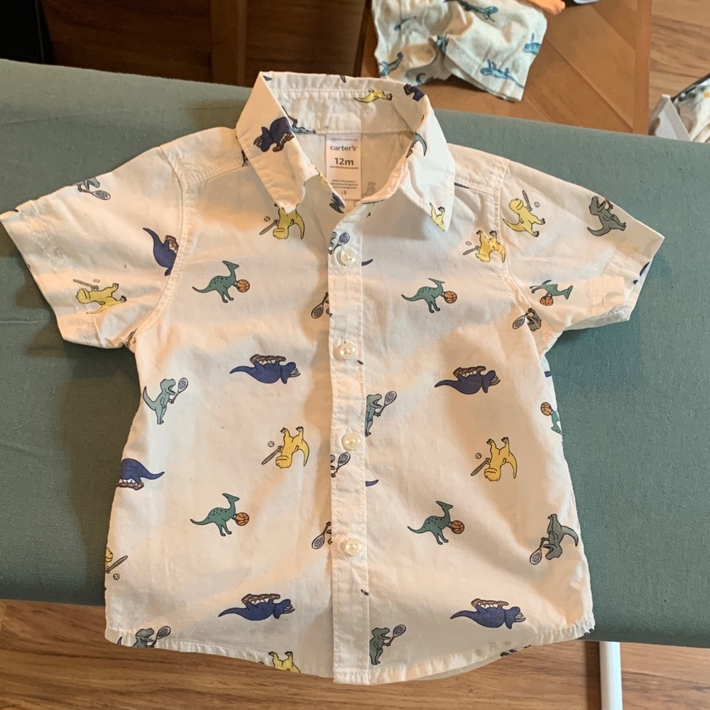 Carter's White Short-Sleeve Sports Dino Print Button-Up Shirt - 12M